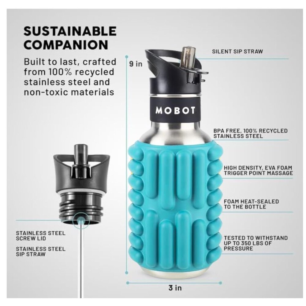 MOBOT Portable Travel Foam Roller Water Bottle with Sip Straw, Stainless Steel